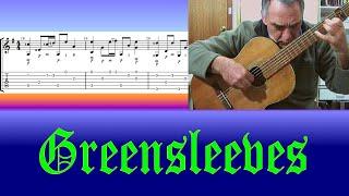 Greensleeves fingerstyle guitar with tab and lesson