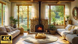 Spring Morning in Cozy Lakeside Cabin Ambience ~ Soft Piano Music & Crackling Fireplace to Unwind