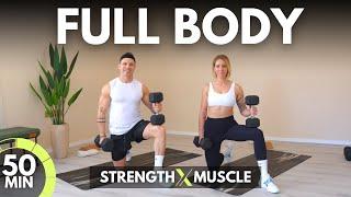 50 Min FULL BODY STRENGTH WORKOUT at HOME - Muscle Building Dumbbell Workout + ABS