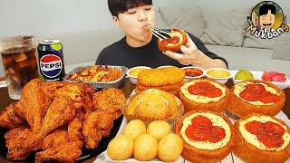 ASMR MUKBANG 굽네 고추바사삭 치킨먹방! 시카고피자 볼케이노치즈치밥 먹방 & 레시피 CHICKEN & PIZZA EATING SOUND!