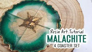 Resin Art Tutorial  - How to make a 4 coaster puzzle set in malachite and gold nuggets