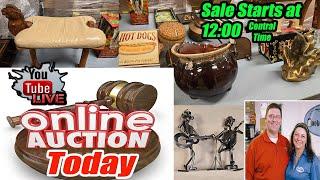 Live 4 hour auction! Vintage camel stool, coins, crystal, jewelry, brass, figurines and much more!