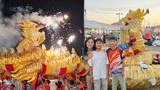 ดูโชว์มังกรทองตื่นเต้นสุดๆ งานเทศกาลโคมไฟ บ้านโป่ง ราชบุรี | น้องบีม