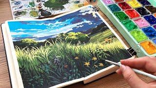 Studio Ghibli Landscape Painting/ Himi Jelly Gouache Unboxing / New Sketchbook 