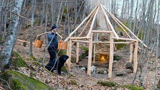 Building a Bushcraft House in the Forest with Hand Tools