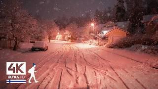 Lonely at Night in Heavy Snowfall, Colorful Street Walk in Finland - Slow TV 4K