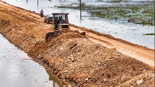 Best Action Of All The Time !! Komatsu Dozer Pushing Soil Repair The Road On Water