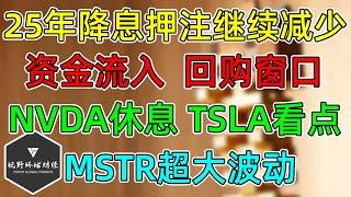 美股 25年降息押注大幅减少！下周NVDA休息，TSLA看点！MSTR超大波动！资金流入，回购窗口！七大权重年度表现！