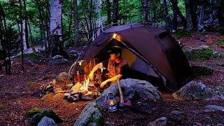 SOLO Camping in Quiet Mountains. Cooking Ghibli Food in Ghibli-like Forest.