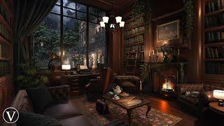 Manor Library | Night Rain Ambience | Fireplace & Thunderstorm Sounds