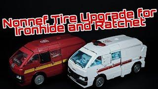 Nonnef Productions tire and wheel upgrade kits for Earthrise Ironhide and Ratchet (painted version)