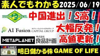 【明日のテンバガー株・高配当株】フルッタフルッタ！中国進出！S高！AIフュージョンキャピタルグループ！大幅反発！メタプラネット！良品計画！高値更新！【20250619】