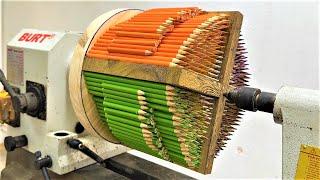 Multi Color Artistic Design From Pencil With Beautiful Curves Machined On Wood Lathe