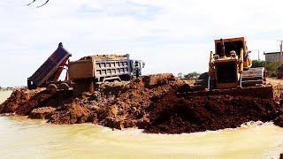 Amazing land filling Equipment Dump truck unloading soil Bulldozer pushing soil