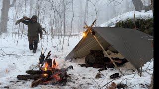 Survival in the Wild Forest:Leopard’s Territory Solo Camping in the Snow, No Sleeping Bag, Only Fire