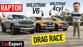 Ford Ranger Raptor v Wildtrak V6 v Wildtrak 4cyl Dragparison: Drag race, sound test & 0-100!