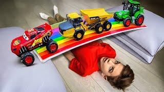 Mark builds a colorful bridge and helps the cars cross over it