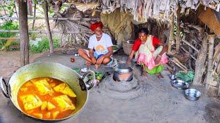 santali old couple cooking steamed EGG CURRY and Veg Dal for their lunch