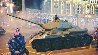 Moscow Victory Day Military Parade. Russian Tank Column. Mechanized Infantry Column. Night Rehearsal