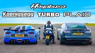 Koenigsegg v Tesla Plaid v Turbo Hayabusa: DRAG RACE