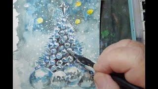 How To Paint A Christmas Tree With Blue Ornaments with Watercolor Paint - Christmas Songs