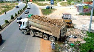 Best Share Heavy Equipment Machines Construction Big Dozer And Big Dump Truck Spreading FillLand Up