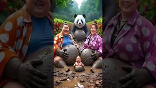 Evolution of cat: Sumo wrestler & Woman sitting on dirty road with panda #cat#cute#love#shorts