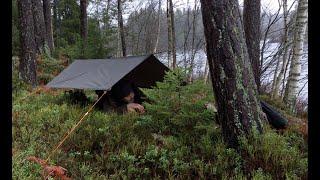 24 HOURS - Bushcraft poncho shelter overnighter - winter camping by a lake - cold and wet weather