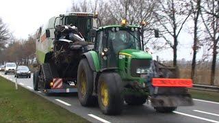 Maïs 2010 | Wet harvest | Claas Lexion 430 op rupsen komt er met moeite door | Uitzonderlijk vervoer