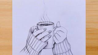 How to draw A girl's hand is holding a cup of hot coffee - Step by step Pencil Sketch for beginners