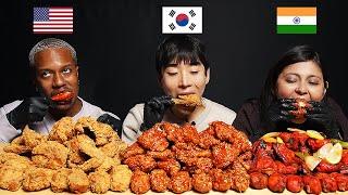 [AMERICA vs INDIA vs KOREA] People Try Each Other's Chicken!! FRIED, SPICY, TANDOORI (ASMR MUKBANG)