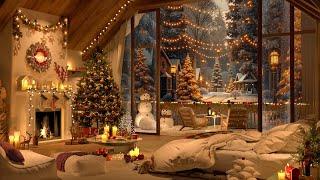  Cozy Christmas Bedroom 2025 Christmas Jazz Music with Snowing Ambience & Warm Fireplace to Sleep