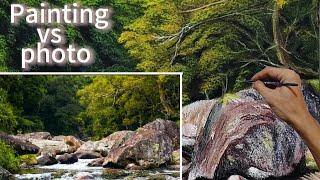 How To Paint Realistic Trees and River Rocks Lanscape Time Lapse |Art Painting Techniques |Eps73