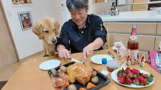 First Christmas! Puppy surprised by homemade roast chicken. [Golden Retriever Japan]