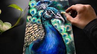 ASMR Drawing a Peacock with Oil Pastels - No Talking