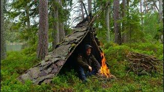 Survival and Bushcraft in the Wilderness - Catch and Cook - Bark Shelter in the Rain