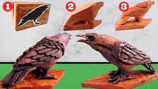 How to carve a bird in wood, ASMR wood carving crow with downloadable template step by step tutorial