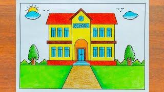 School Scenery Drawing / How to Draw a School Easy Step By Step / My School Drawing For Beginner