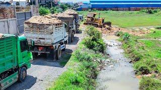 Just Start new project Team work Huge size Land using Dozer D58E Pushing soil with 6Wheel Dump truck