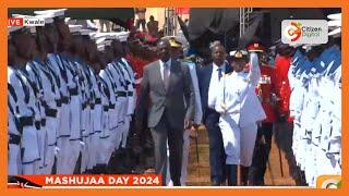 President William Ruto inspects guard of honour during 61st Mashujaa Day celebrations in Kwale