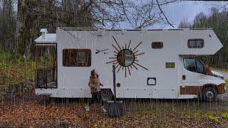 RAIN CAMPING WITH A CARAVAN WITH BALCONY | WE MADE PITA ON A WOOD STOVE