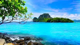 4k UHD Blue Sea & Island Summer Landscape. Ocean Sounds for Deep Sleep, Meditation, Healing 10 Hours