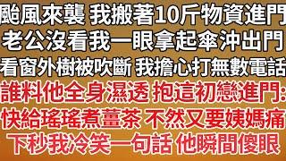 【完结】颱風來襲 我搬著10斤物資進門，老公沒看我一眼拿起傘沖出門，看著窗外被吹斷的樹 我擔心打無數電話，誰料他全身濕透 抱這初戀進門：快給瑤瑤煮薑茶 不然又要姨媽痛，下秒我冷笑一句話 他瞬間傻眼