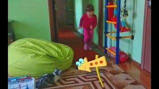 Девочка с кошкой играют в прятки/Little girl playing hide and seek with a cat.