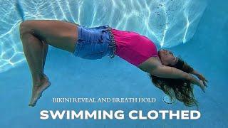 Swimming with Clothes Underwater [ Bikini Reveal ] Breath Hold at the Bottom of the Pool