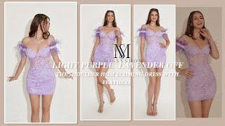 Light Purple Lavender Off the Shoulder Homecoming Dress with Feathers