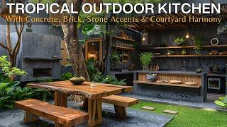 A Modern Tropical Outdoor Kitchen Dining Area with Brick Concrete, Stone Accents & Courtyard Harmony