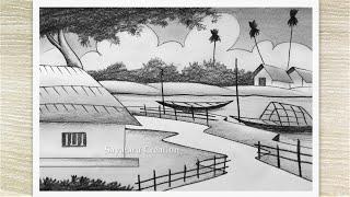 How to Draw a Beautiful Village Landscape with Pencil, Easy Pencil Drawing