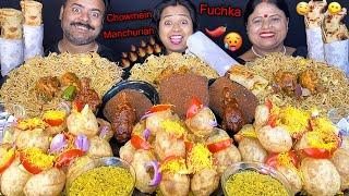 EATING SPICY STREET FOOD VS CHINESE FOOD CHALLENGE CHOWMEIN MANCHURIAN, EGG ROLL, PANIPURI MUKBANG