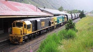 TranzAlpine and Canterbury coal trains over New Zealand's Southern Alps.